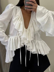 Fashion V-Neck Lace-up Ruffle Blouses