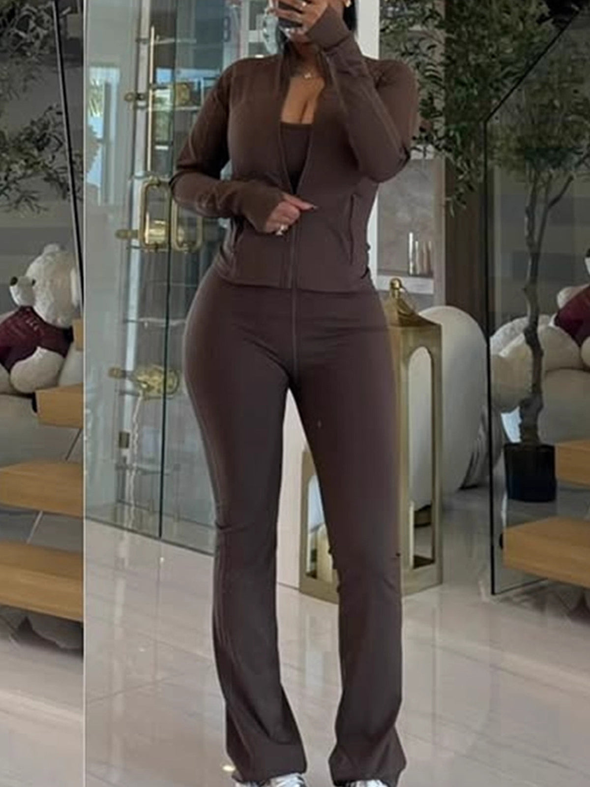 Zipper Cardigan Coat Jumpsuit Sports Casual Set