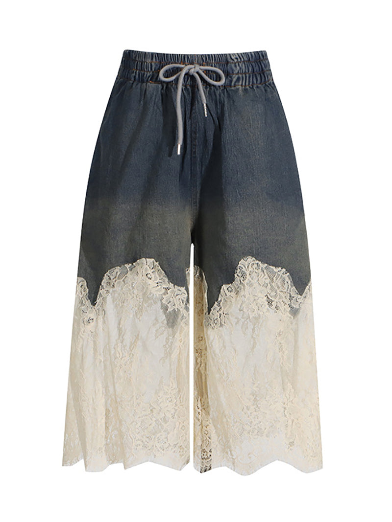 Lace Stitching Soft Denim Suspender Shorts Sets