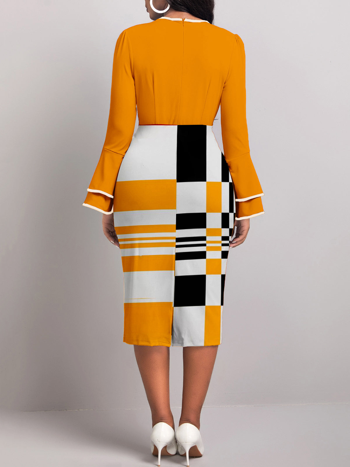 Block Zipper O Neck Pencil Skirt Dress