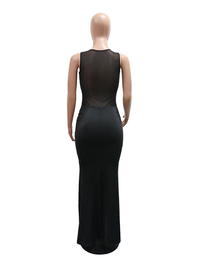 Sexy Sleeveless Sheer Mesh Patchwork Maxi Dress
