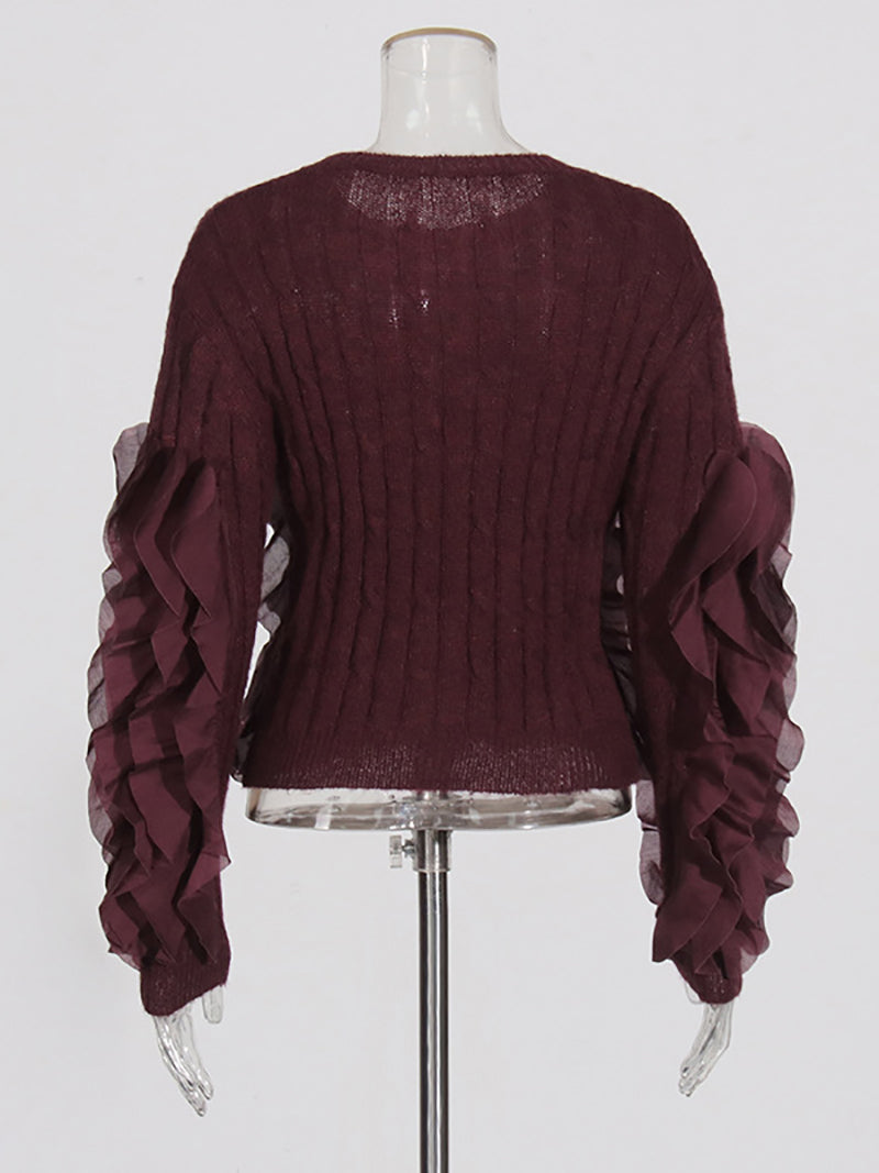 Fashion Patchwork Ruffle Slim Knit Pullover