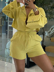 Casual Solid Color Long Sleeve Shorts Two Piece Set