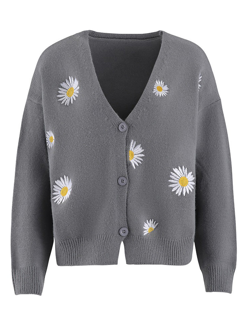 Fashion Embroidered Floral Button Cardigan Sweater