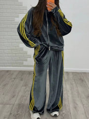 Velvet Side Stripe Zip Jacket and Wide Leg Pants Set