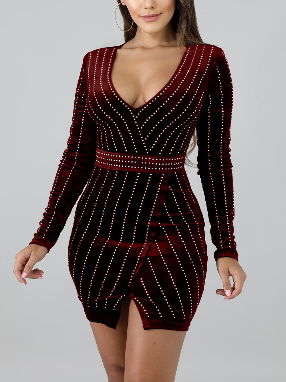 V Neck Rhinestone Velvet Slim Mini Dress