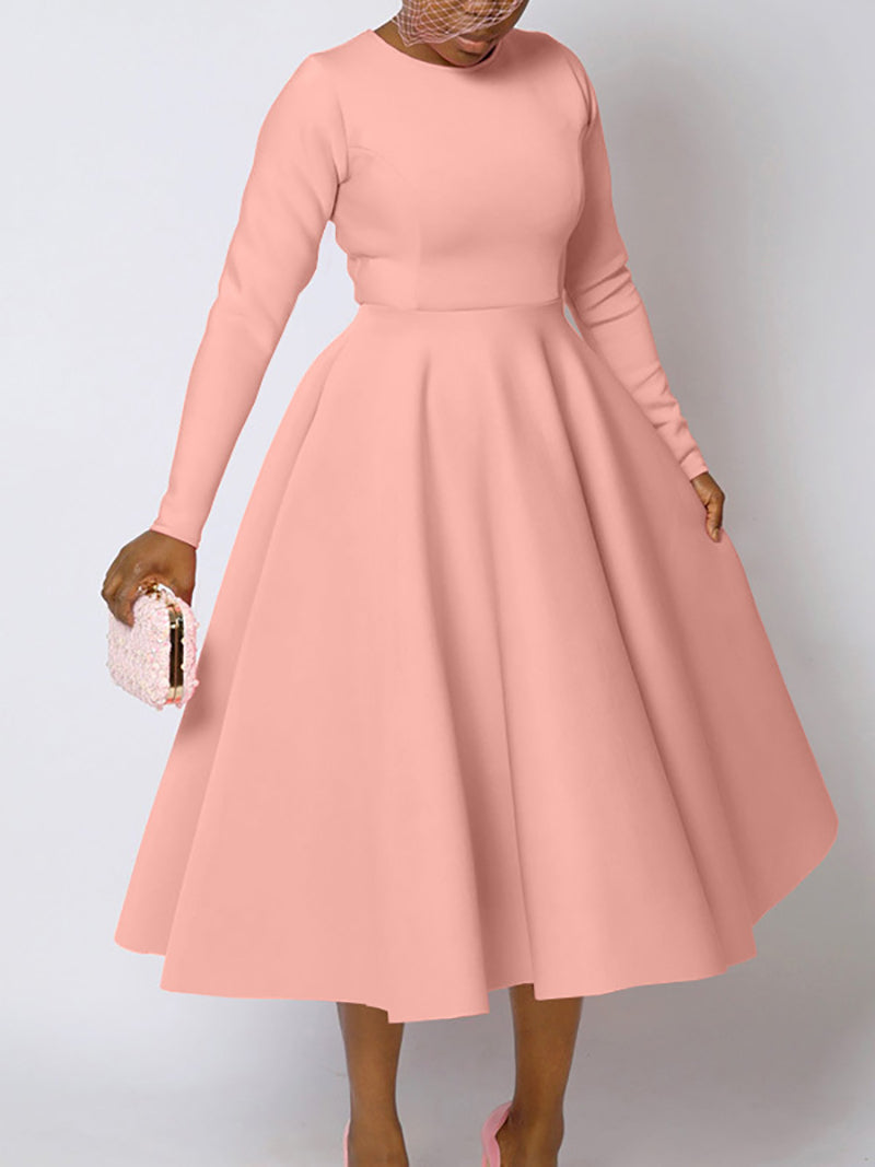 Elegant Round Collar Cinched Waist A-Line Dress