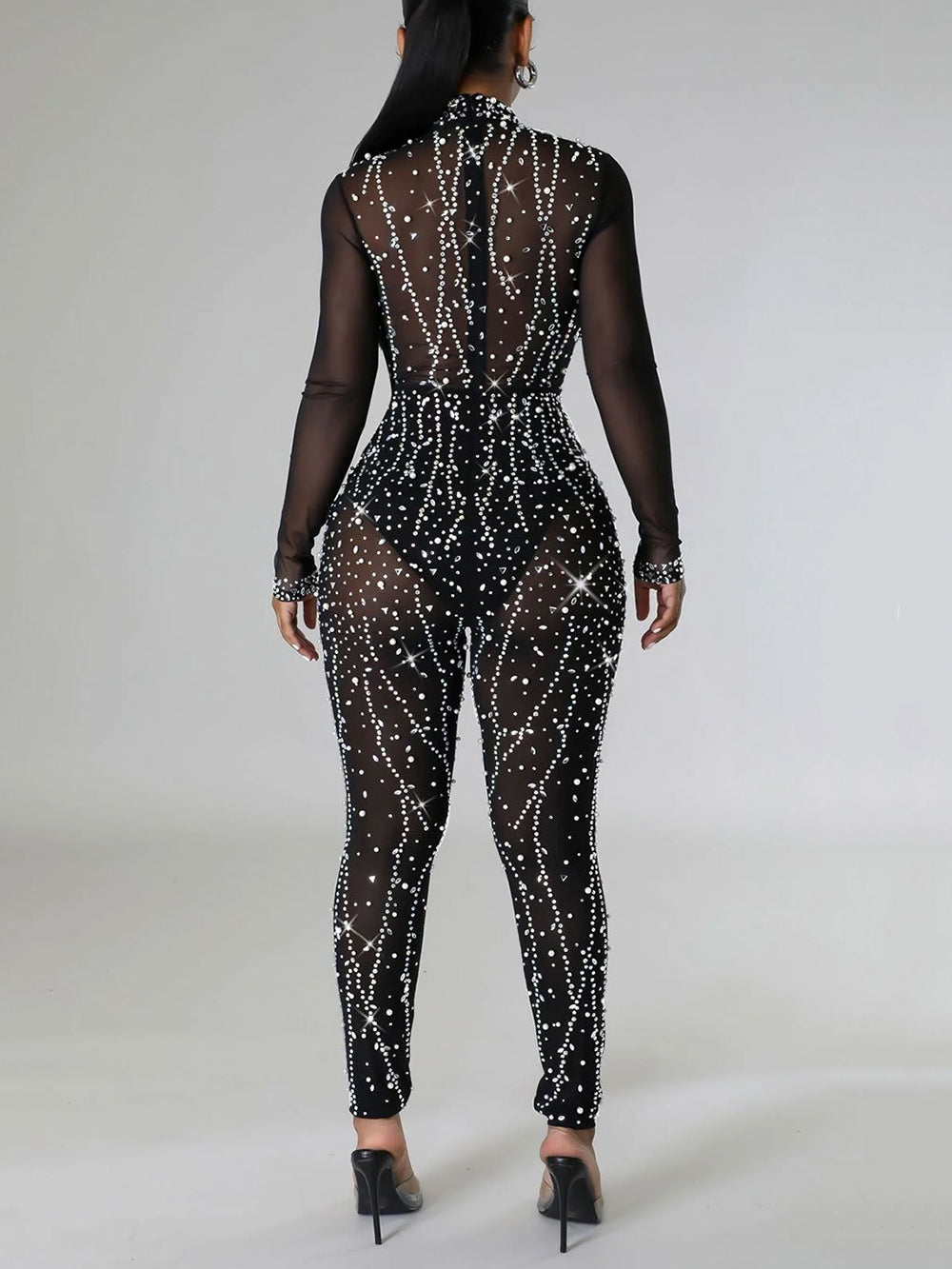 Sexy See through Rhinestone Mesh Jumpsuit