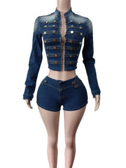Button Detail Denim Crop Jacket and Shorts Set