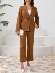 Striped Lapel Blazer Straight Pants 2 Piece Set