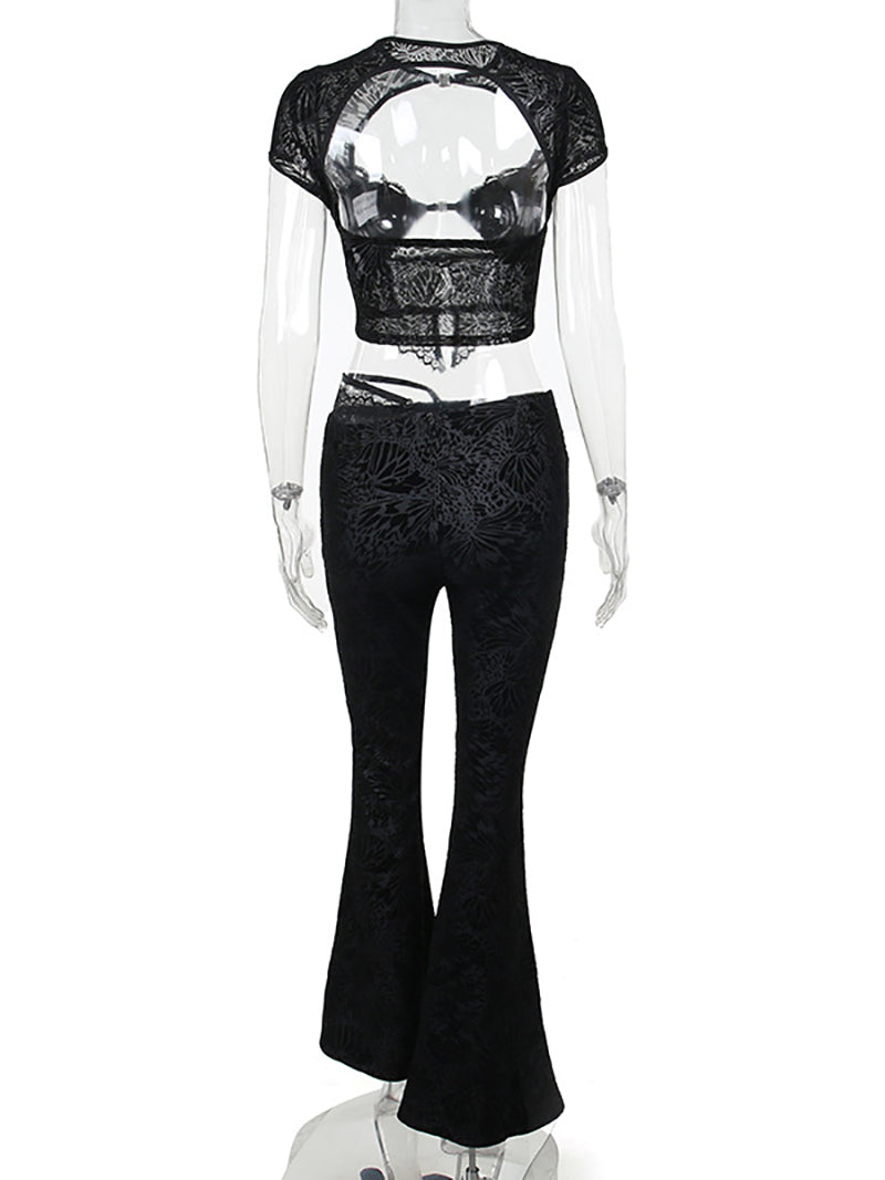 Sexy Lace Patchwork Top Flared Pants Sets