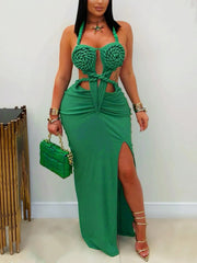 Hollow Out Sleeveless Knit Halter Neck Backless Dress