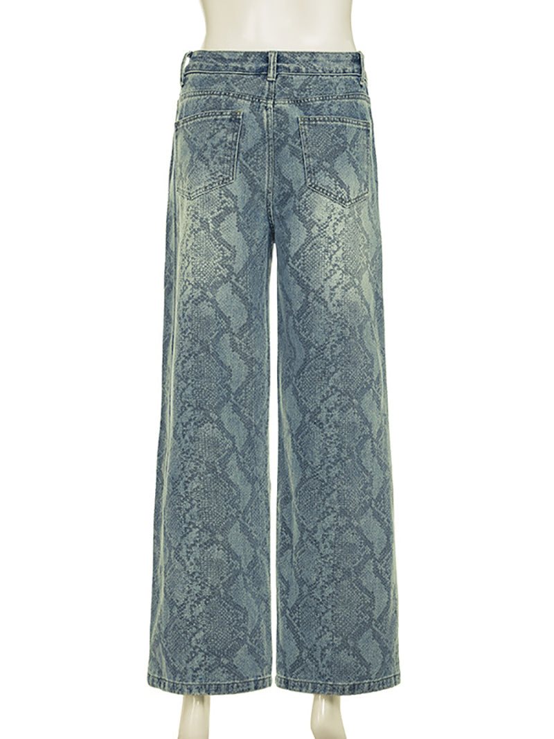 Fashion Snake Print Straight Leg Casual Jeans