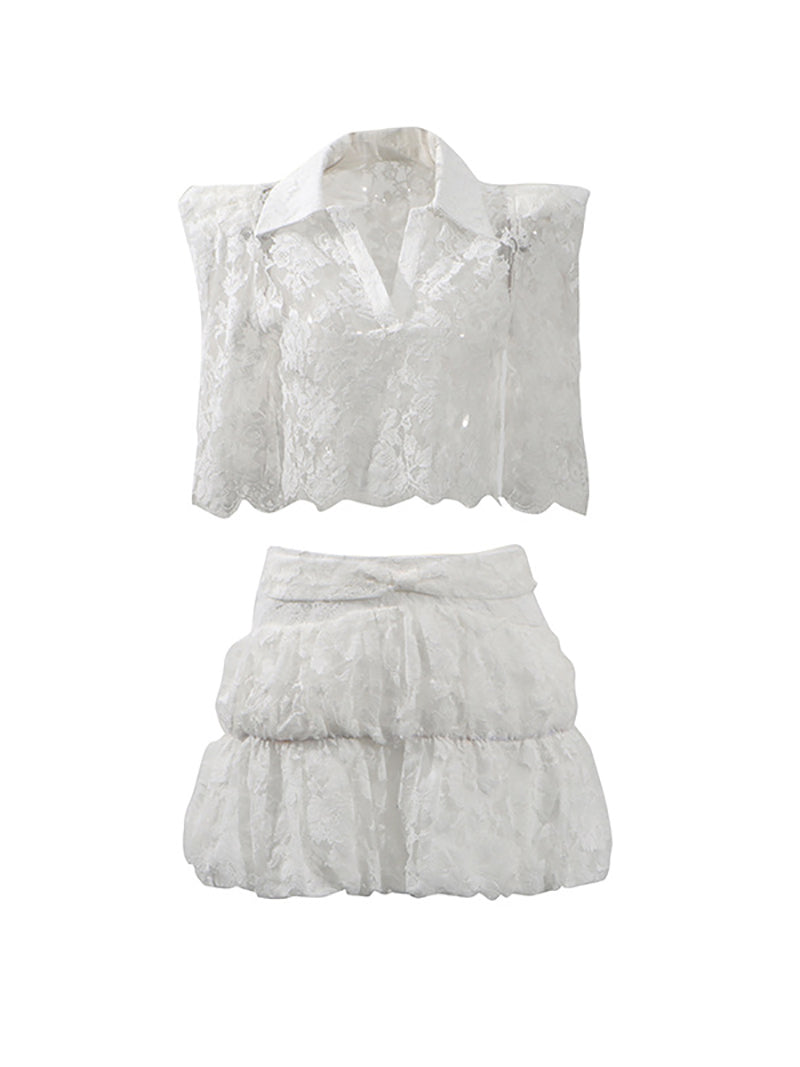 Fashion Lace Hollow out Crop Tops Short Skirt Sets