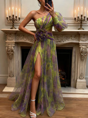 Sexy One Shoulder Mesh Split Floral Midi Dress