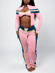Casual  Stripe Tube Top Jacket Jogging Pants Sports Set