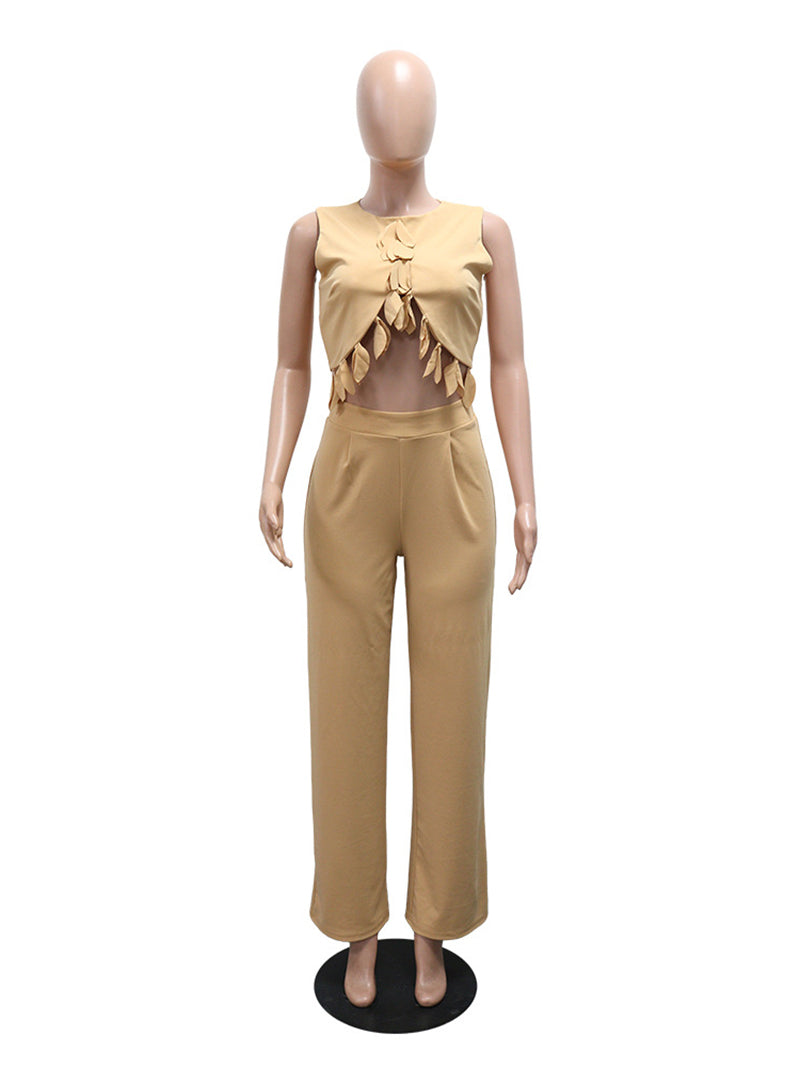 Sleeveless Hollow out  Top Long Pant Two Piece Set