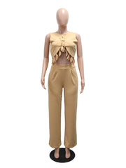 Sleeveless Hollow out  Top Long Pant Two Piece Set