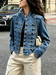 Military Button Trim Cropped Denim Jacket