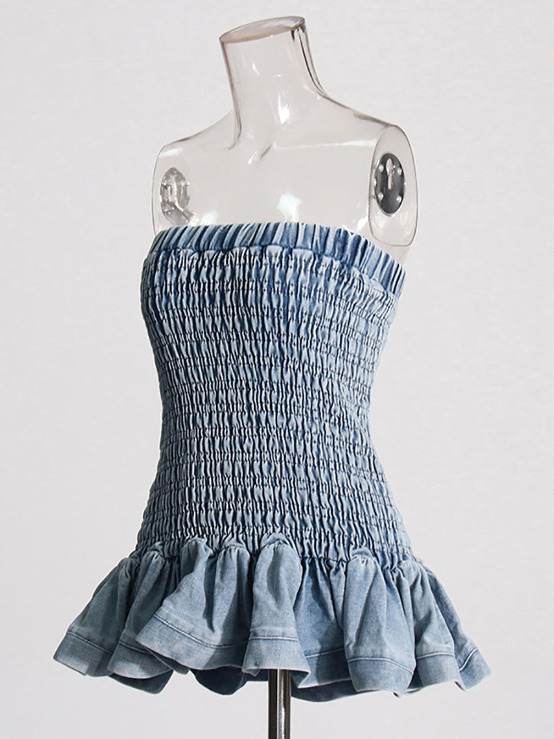 Fashion Patchwork Ruched Strapless Denim Dress