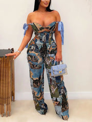 Sexy Print Off Shoulder Tie-wrap Pant Sets