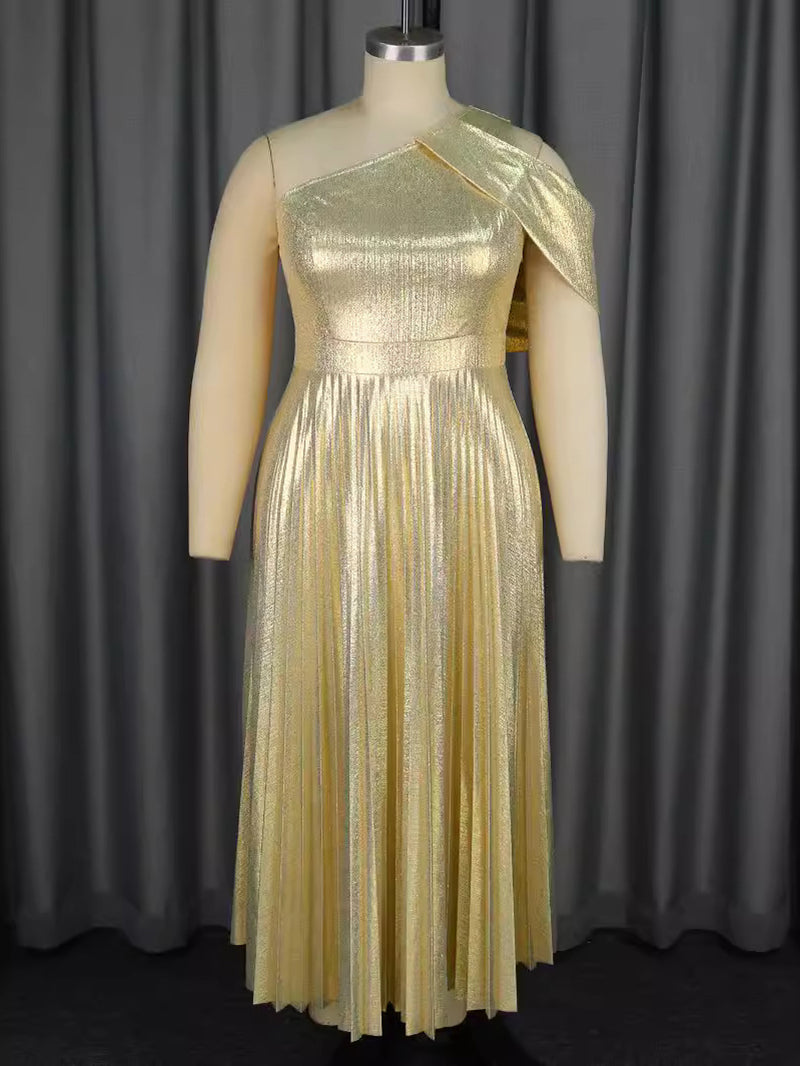 Metallic Pleated One Shoulder Sleeveless Party Dresses