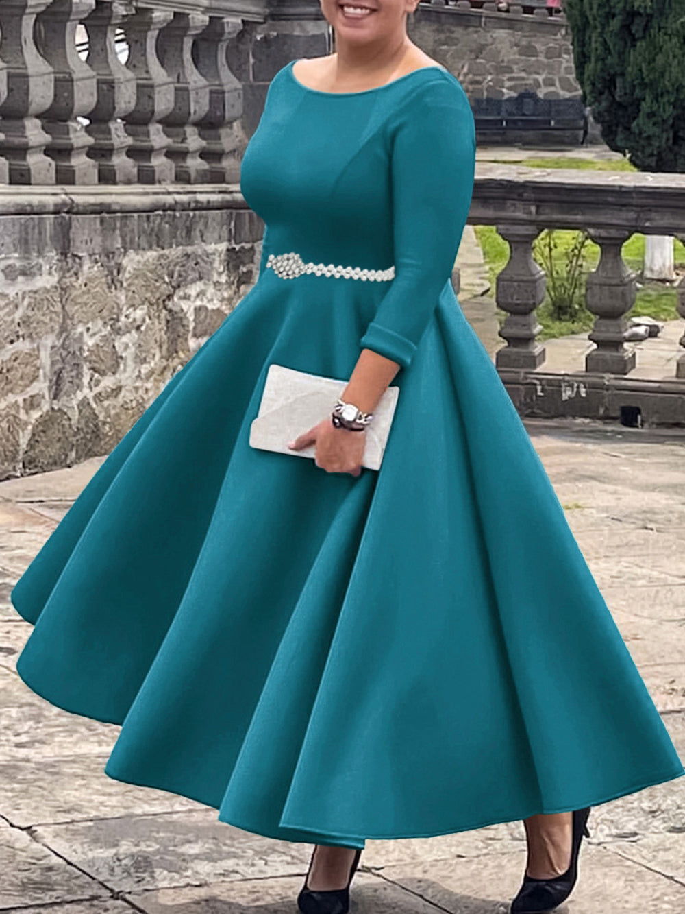 Elegant Solid Belted Evening Dress