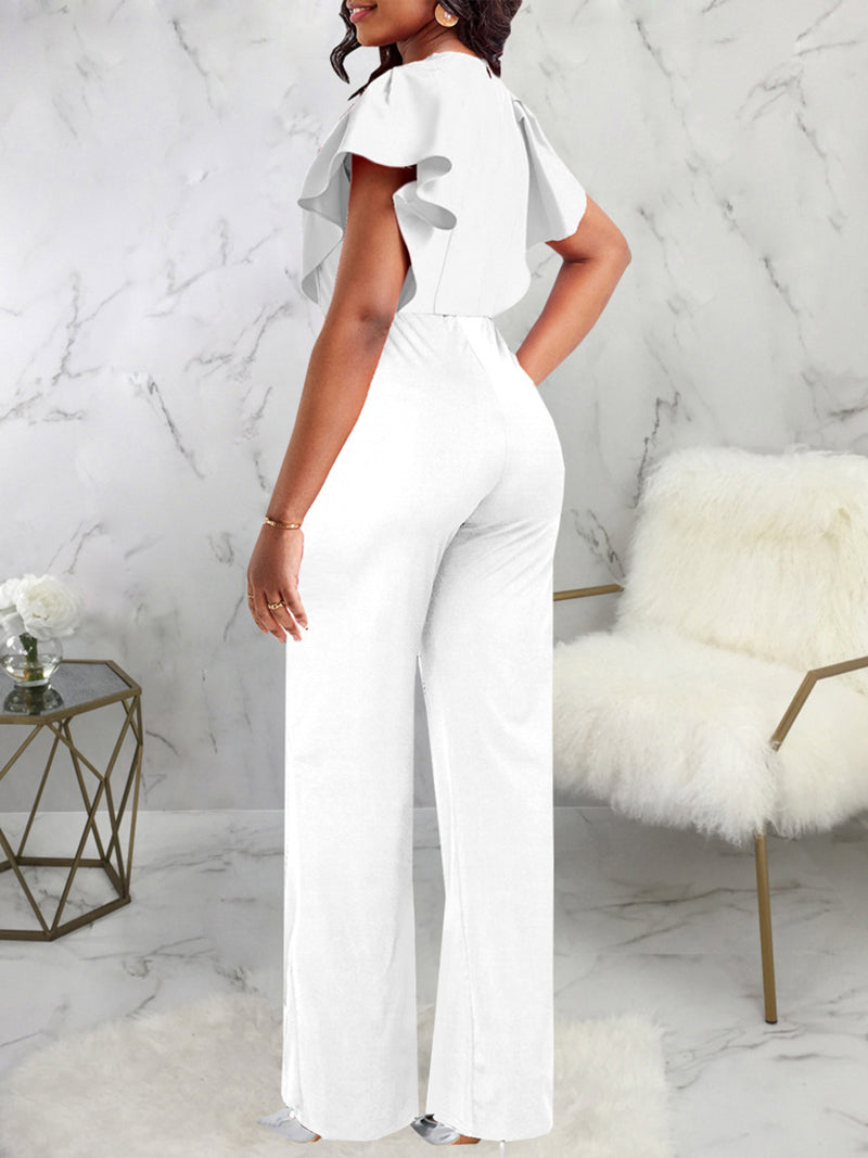 Solid Color V Neck Slim Jumpsuit