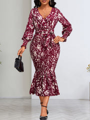 Fashion V Neck Print Fishtail Wrap Dress