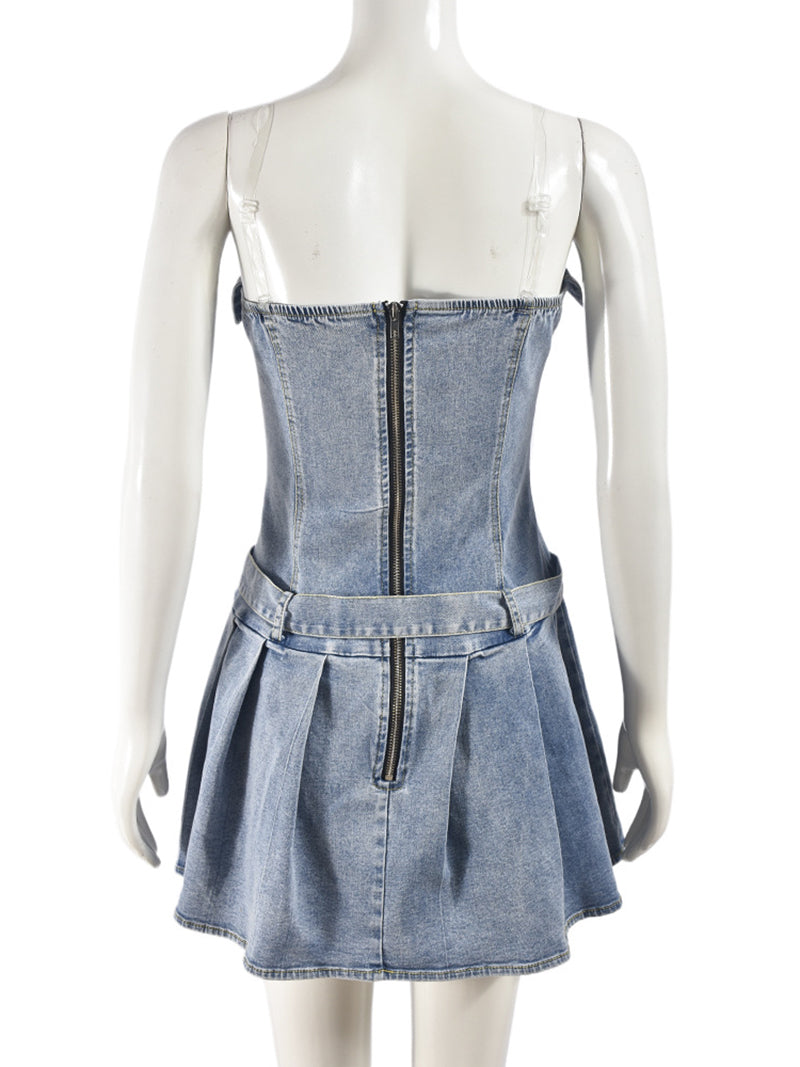 Pleated Belt Strapless Denim Mini Dress