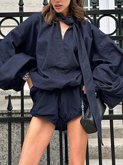 Fashion Bubble Full Sleeve Lace-up Top And Shorts Sets