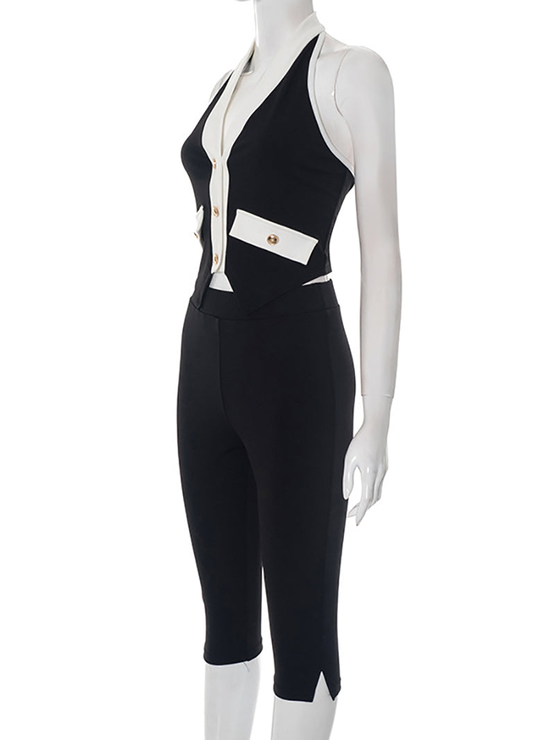 Halter Top Skinny Slit Capri Pants Two Piece Set