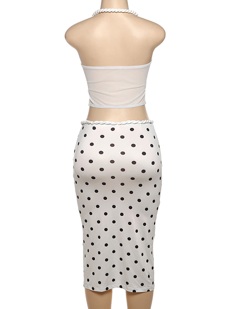 Fashion Halter Neck Polka Dot Print Maxi Skirt Set