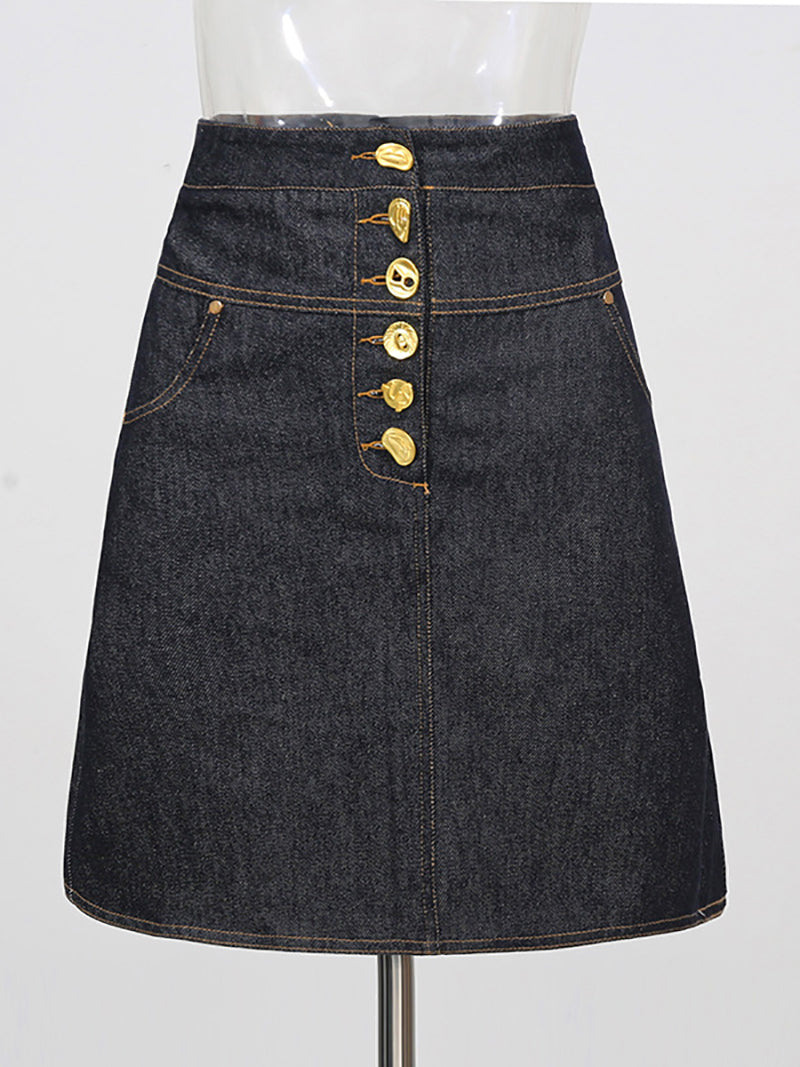 Solid Spliced Single-breasted Slim Denim Skirt