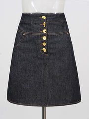 Solid Spliced Single-breasted Slim Denim Skirt