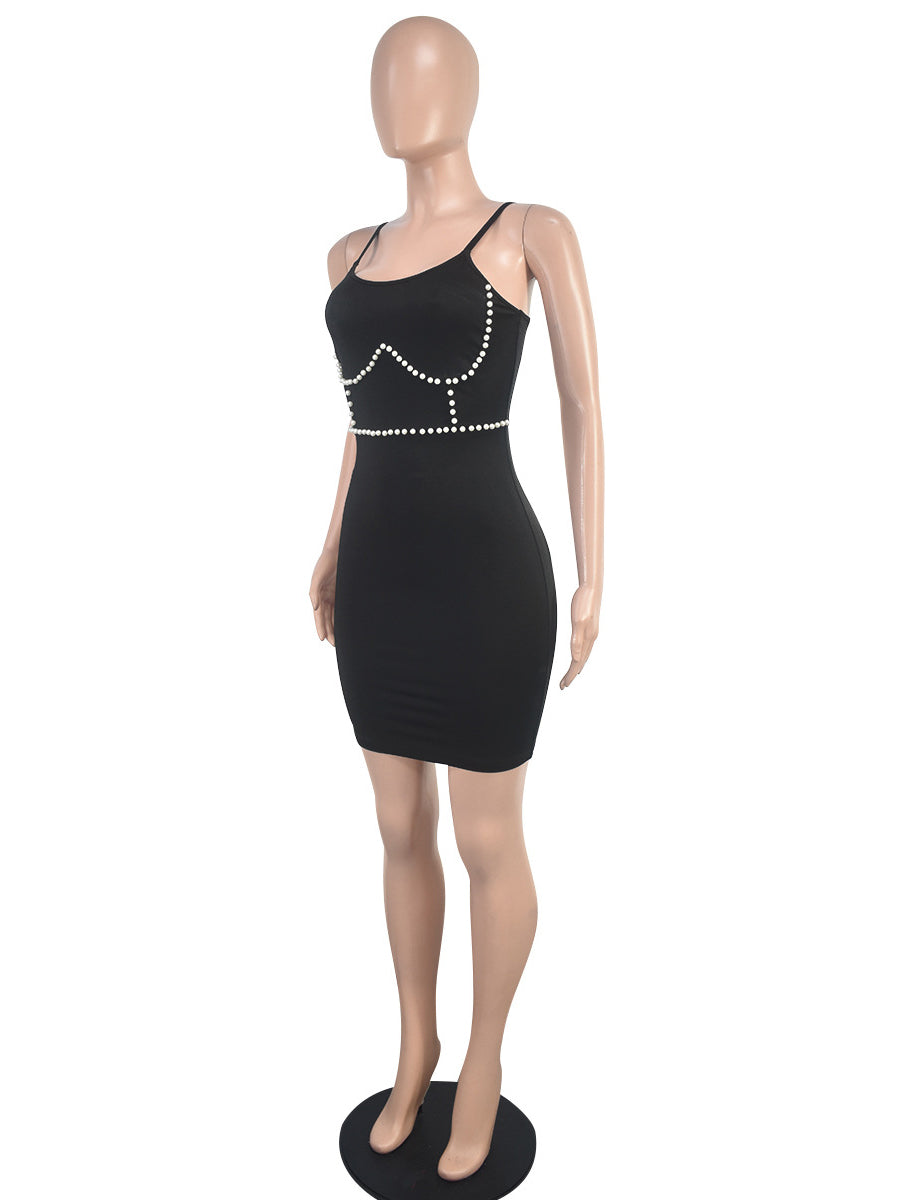 Spaghetti Straps Pearls Beaded Bodycon Dress