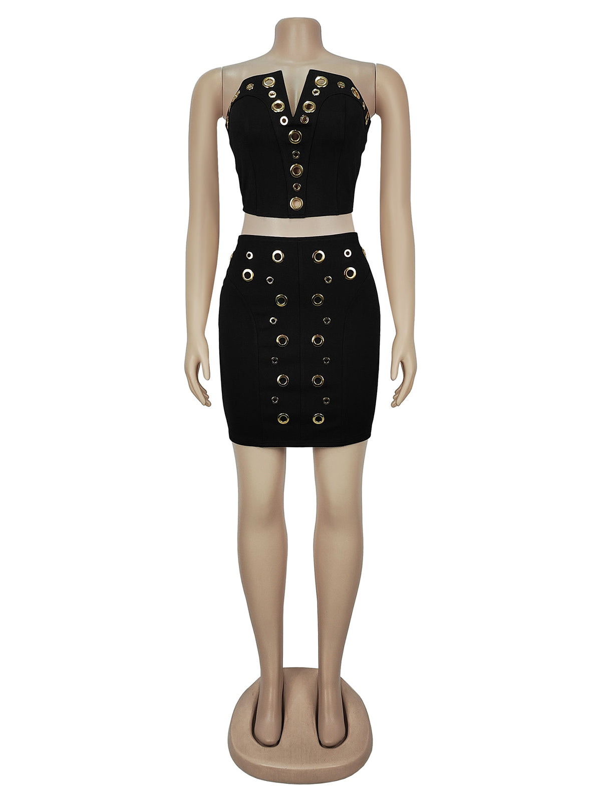 Sexy Metal Hole Strapless Tube Mini Skirt Sets