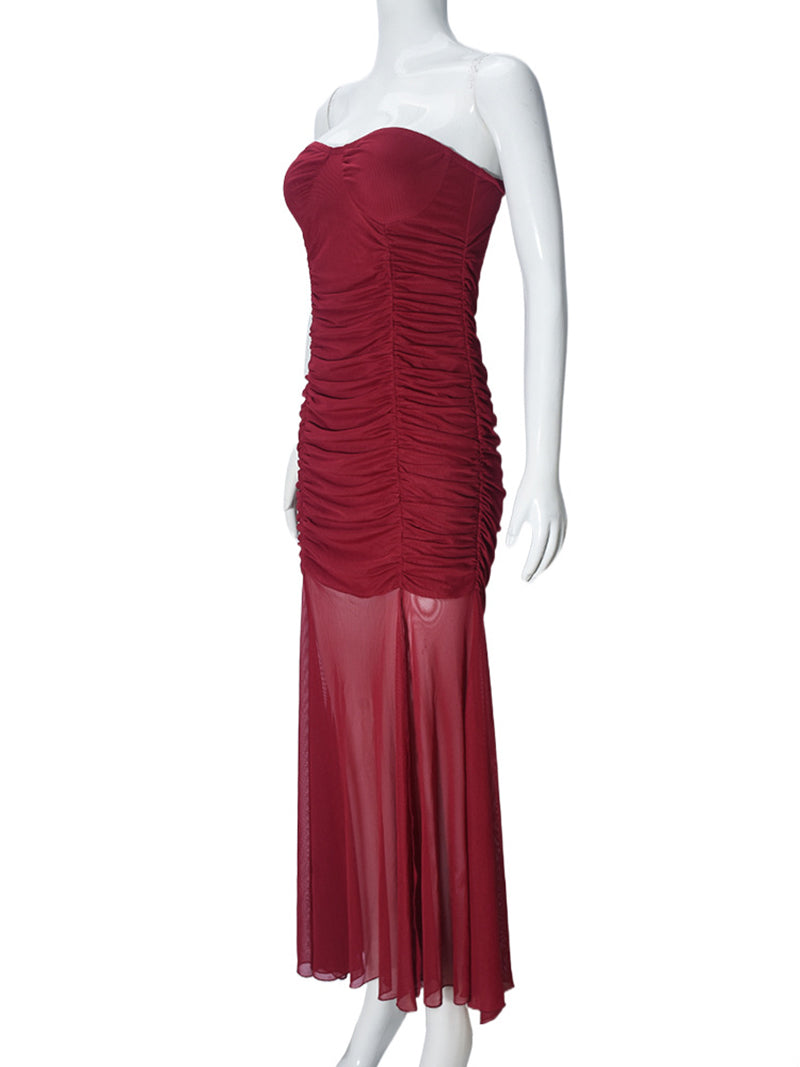 Fashion Ruched Mesh Strapless Maxi Dress