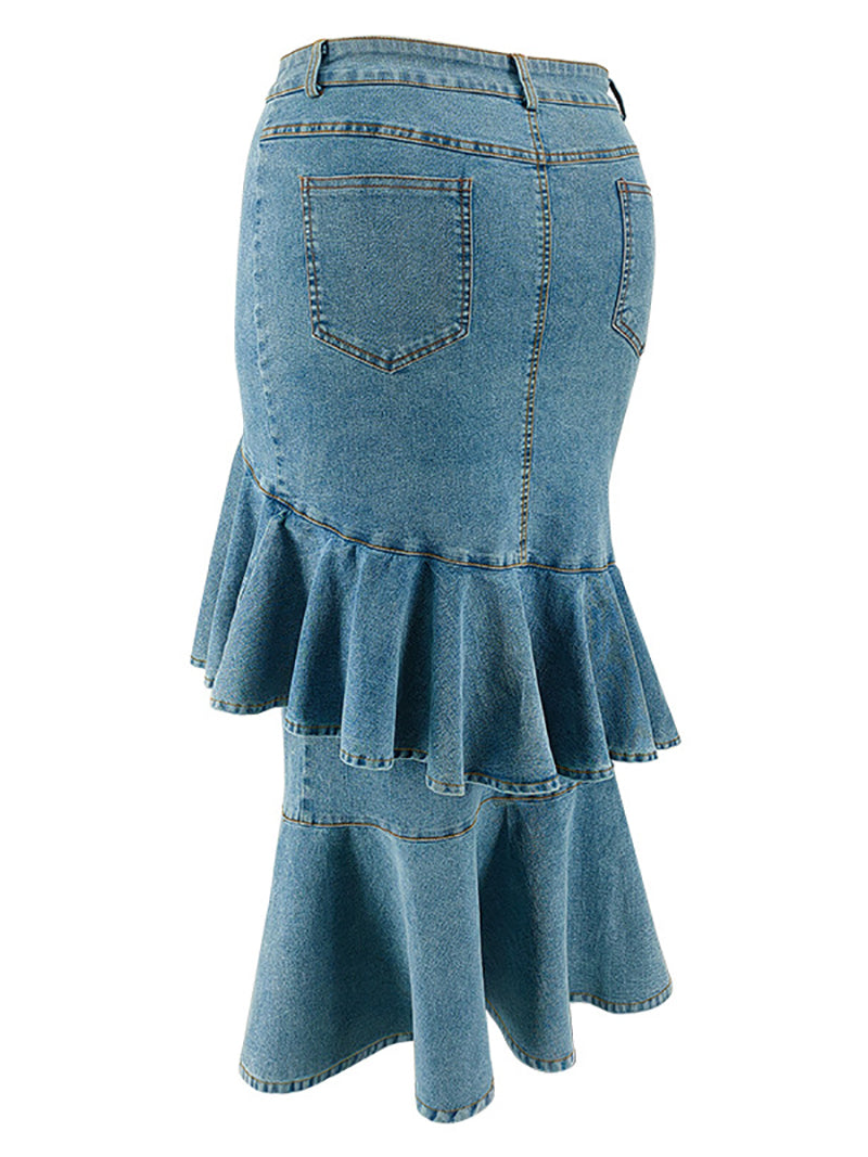 Fashion Ruffle Trim Split Hem Denim Skirt