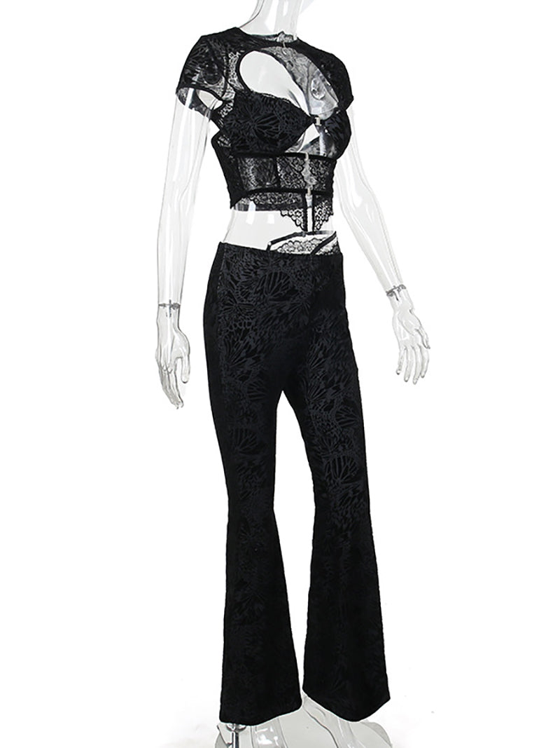 Sexy Lace Patchwork Top Flared Pants Sets