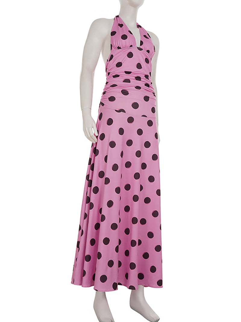 Elegant Dot Print Pleated Halter Backless Maxi Dress