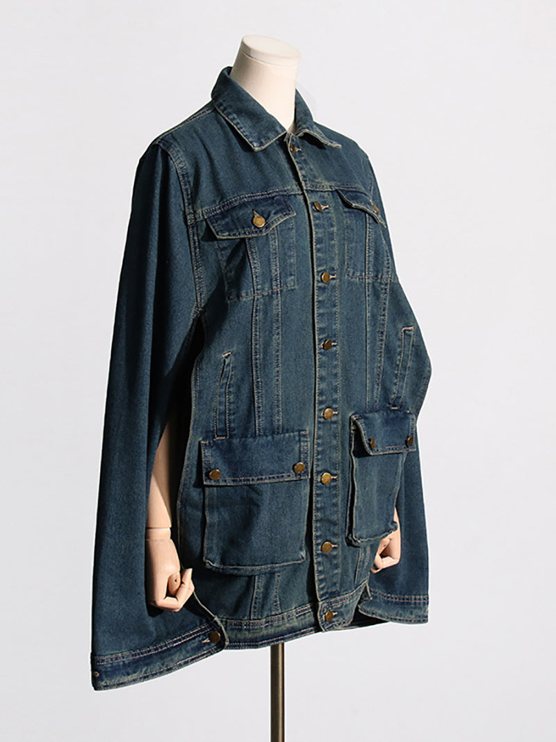 Spliced Pocket Cape Sleeve Loose Denim Jacket