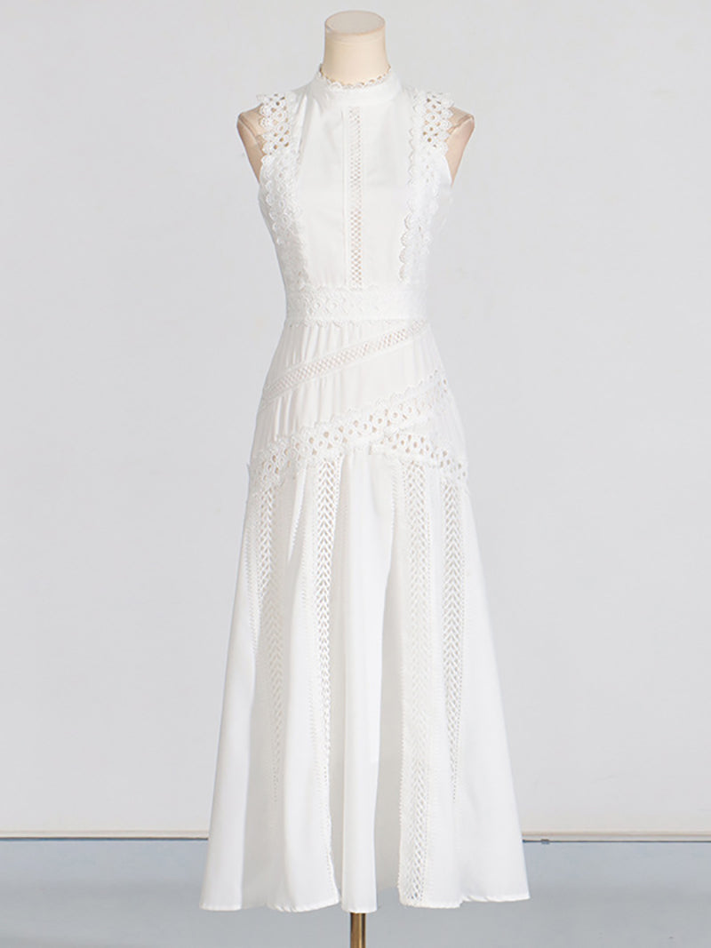 Elegant Lace Patchwork Sleeveless Midi Dress