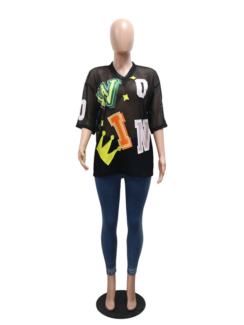 Sexy Letter Print Sheer Mesh Loose T Shirt