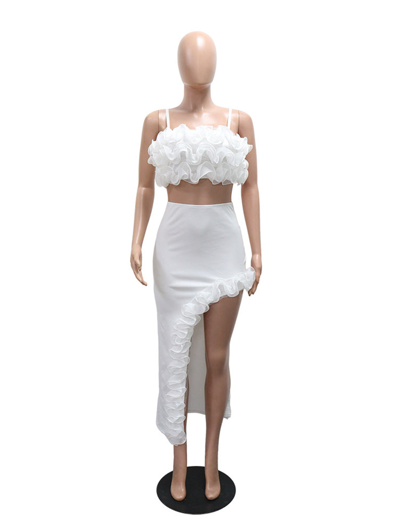Elegant Ruffle Crop Vest and Irregular Slim Skirt Dress