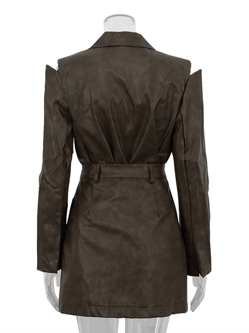 Fashion PU Leather Jacket And Mini Skirts Sets