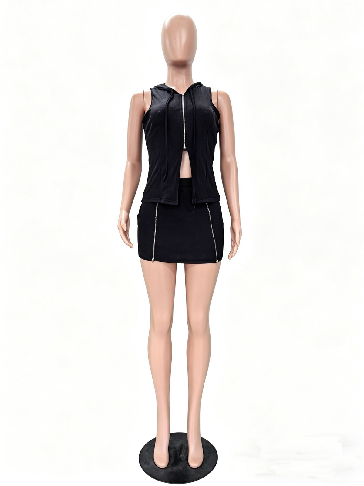 Sexy Sleeveless Ribbed Double Zipper Top and Mini Skirt Set