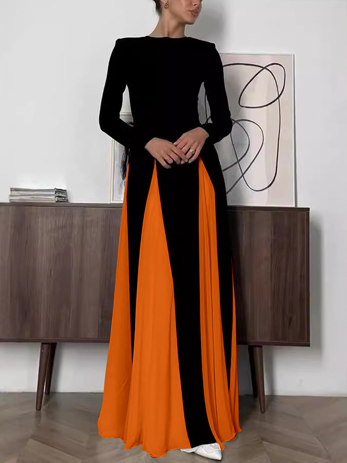 Elegant Contrast Color Round Neck Slim Dress