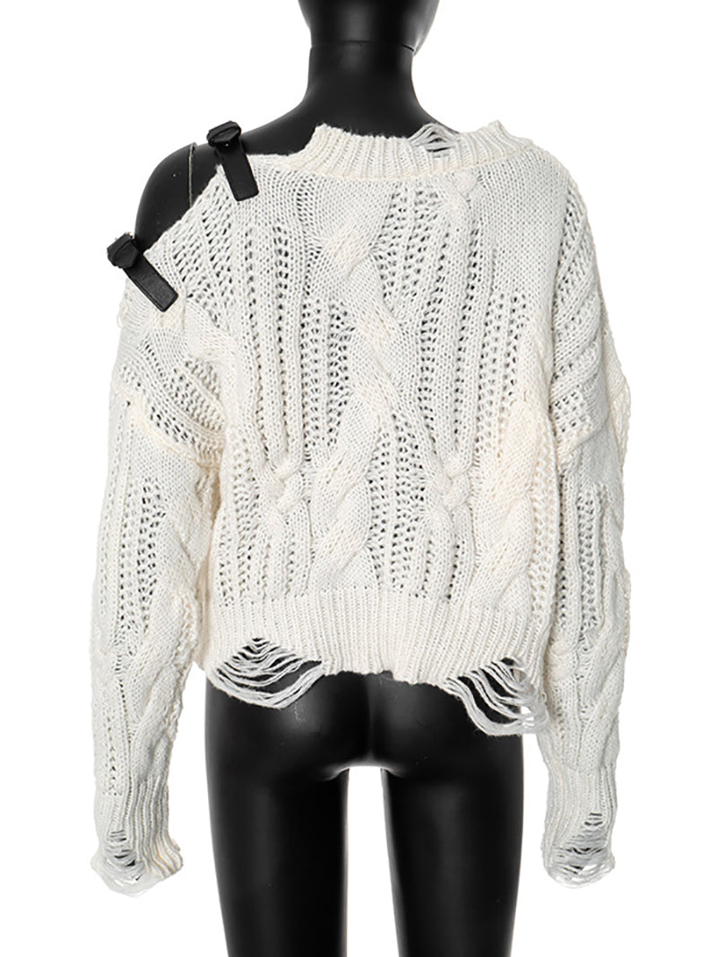 Fashion Loose Asymmetrical Neck Tape Detail Sweater