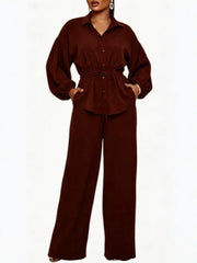 Collared Shirt and Wide Leg Pants Set